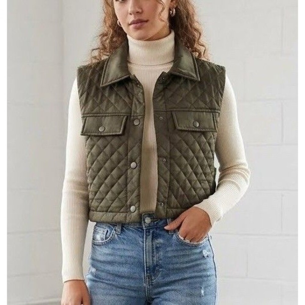 BKE Buckle Vest Women XS Olive Green Quilted Snap Front Military Utility Casual